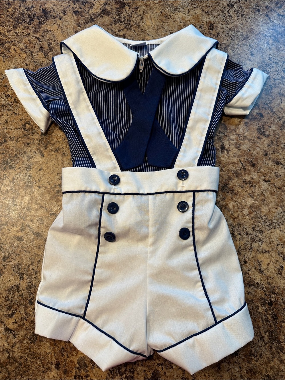 Vintage Toddle Tyke Navy & White Sailor-Style Kids Shorts with zip Front 18m